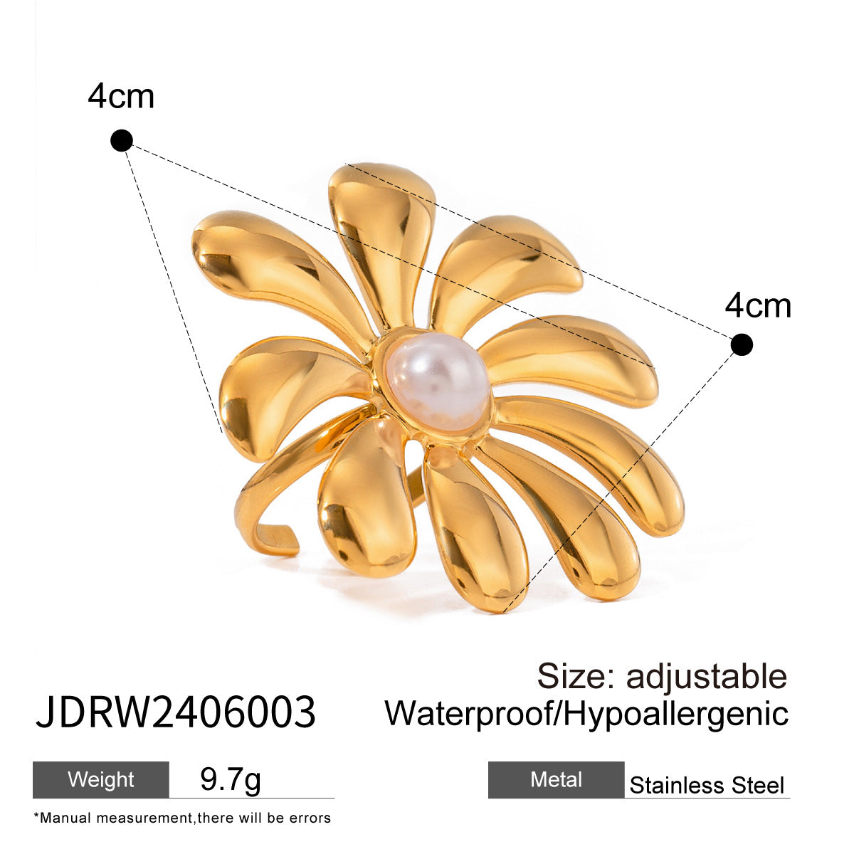 Stainless Steel Floral Pearl Ring Exaggerated High Sense Ring Titanium Steel Rings Ornament