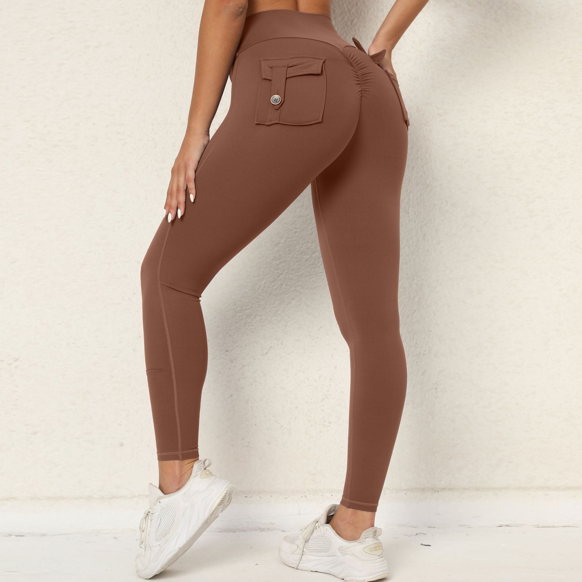 Pfirsich Po Arbeitskleidung Enge Tasche Yoga Hosen Damen Hohe Taille Stretch Po Lift Knopf Schnell Trocknende Lauf Fitness Hosen Damen