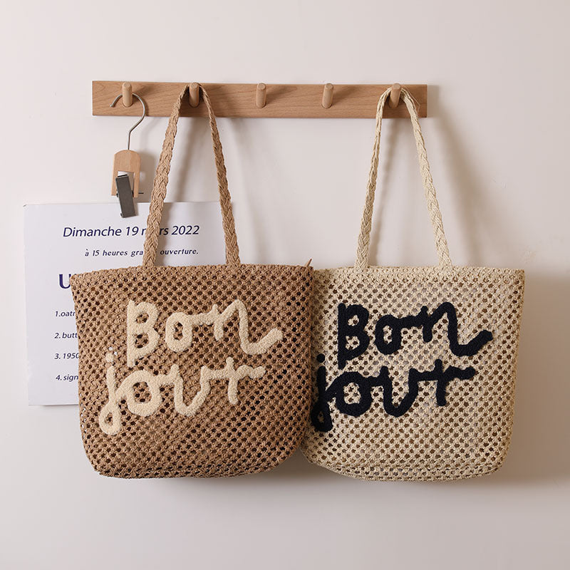 Brief-Grafik Stickerei Gewebte Tasche All-Match Schulter Aushöhlen Cutout Strohtasche Urlaub Strandtasche Damen Tasche