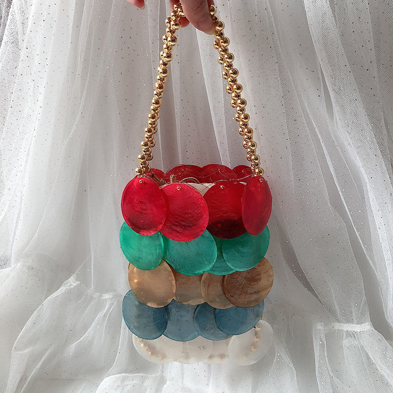 Color Handmade Woven Shell Bag Color Women Handbag Beaded Chain Fish Scale Bag