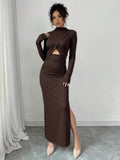 Autumn Winter Sexy Slit Slim Fitting Cropped Outfit Long Sleeve Mid Length Long Sleeve Dress