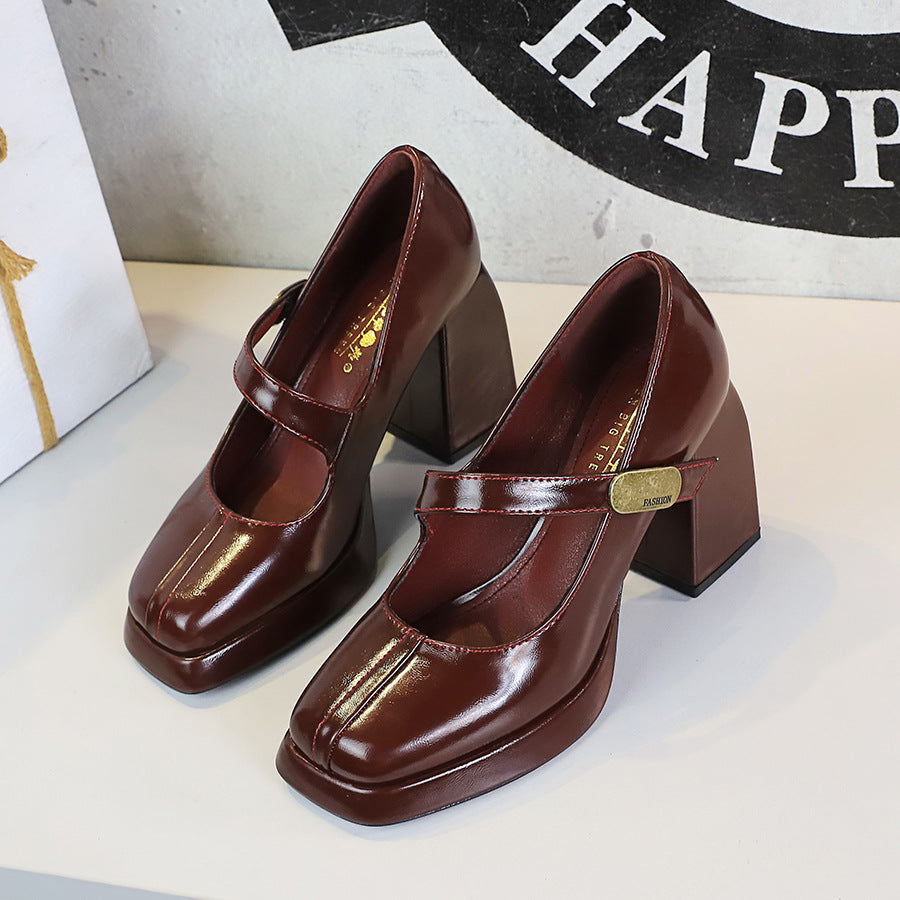 Retro High Heels Women Shoes Chunky Heel High Heel Waterproof Platform Metal Buckle Ankle Strap Shoes