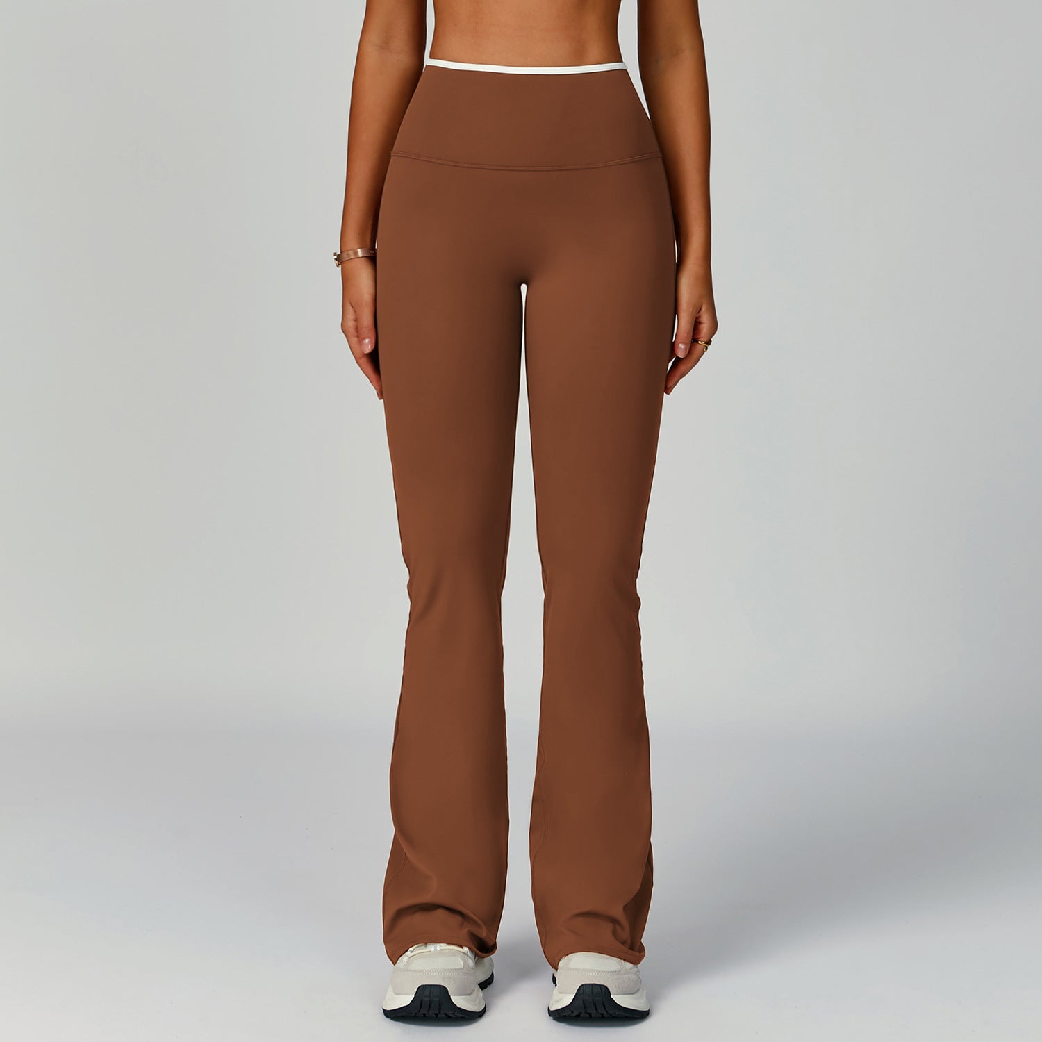 Nude Feel Sport-Schlaghose mit Kontrastfarbe, hoher Taille, schnelltrocknend, weitem Bein, Sport-Lauf-Fitness-Bootcut-Hose