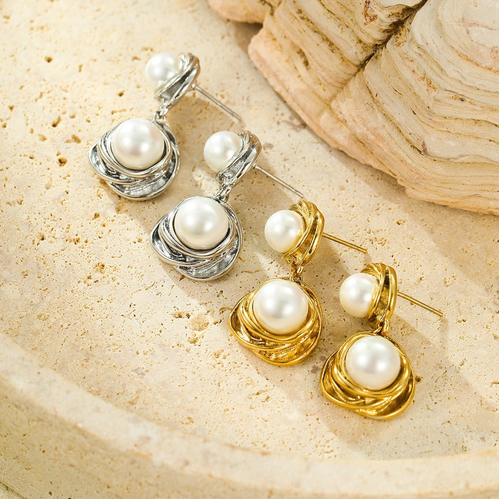 Retro Easy Matching High Grade round Winding Pearl Embellished Stainless Steel 18K Gold Plating Stud Earrings Women