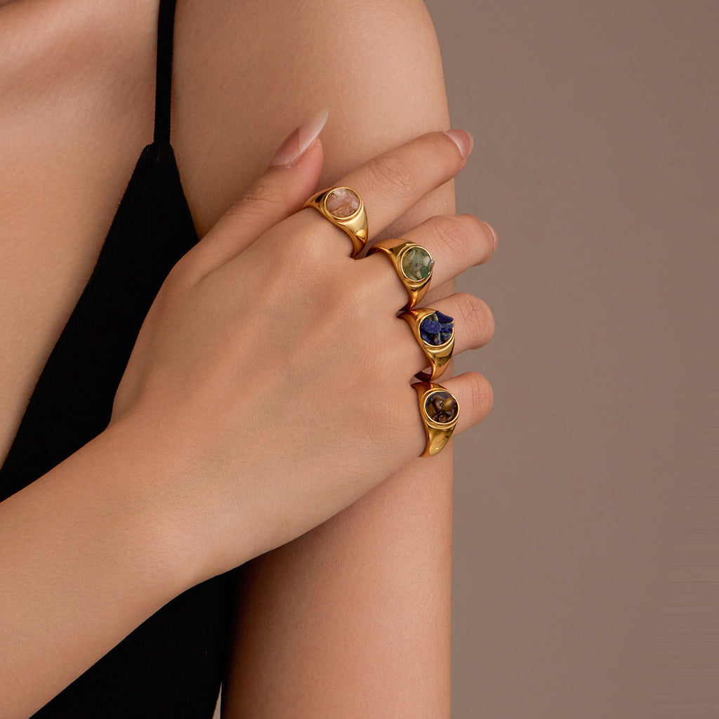 All Match High Grade Stainless Steel round Inlaid Natural Stone Non Fading Women Ring