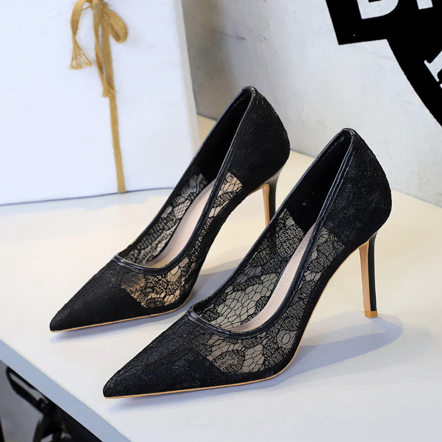 Sexy Schnürsenkel High Heels Flacher Mund Spitze Zehen Schlanke Nachtclub Mesh Stiletto High Heel Schuhe