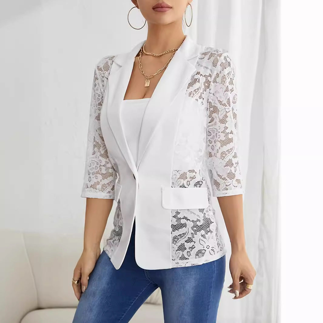 Herbst Winter Elegant Unifarben Spitze Patchwork Kleiner Blazer Damen Top