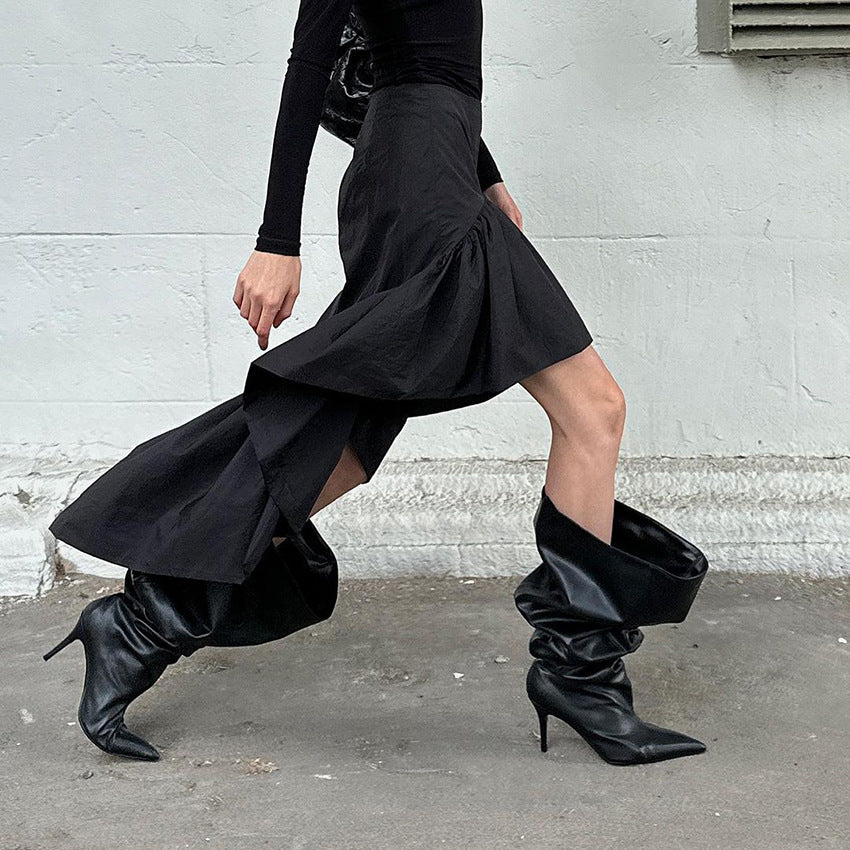 Herbst-Design High-Waist-Rock mit offenem Bein, Rüschen und unregelmäßigem asymmetrischem Schnitt aus Baumwolle für Damen