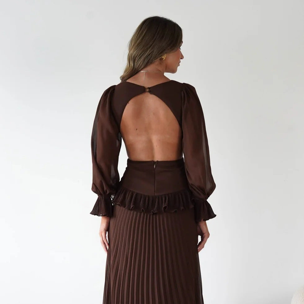 Women Long Sleeve Pleated Waist Tight Backless Dress