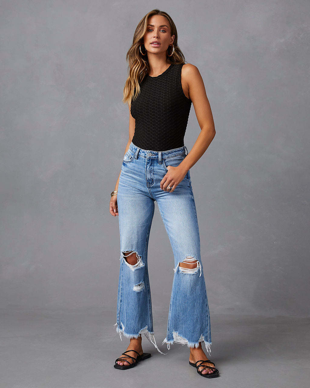 Quasten-Jeans mit Wasserwaschung für Damen, lange, lässige, mittelhohe Taille, weites Bein, Hose
