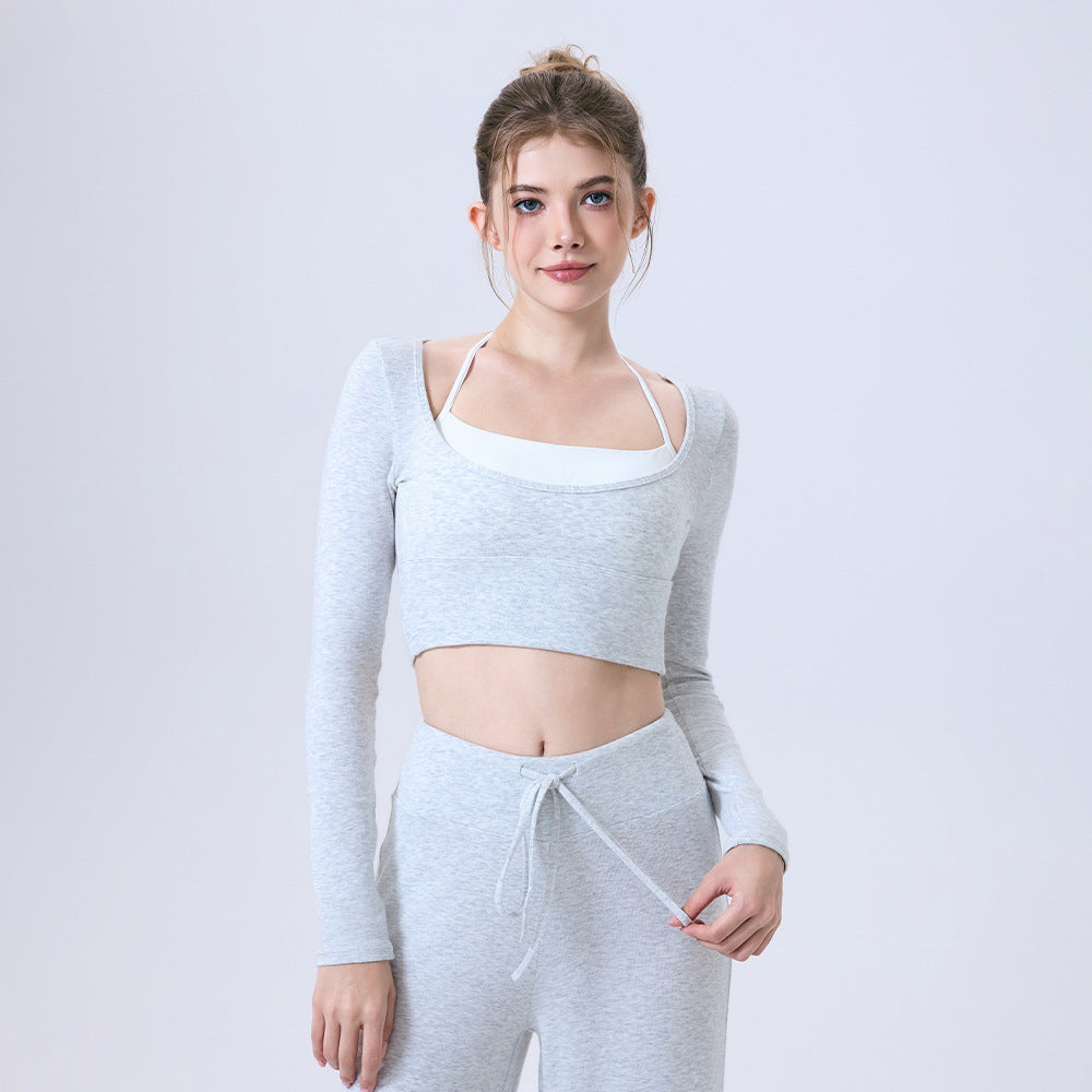 Nude Feel Kontrastfarben Yoga Kleidung Langarm Halb-fester Cup Running Schmaler Sport-BH Atmungsaktiver Workout Kleidung Top
