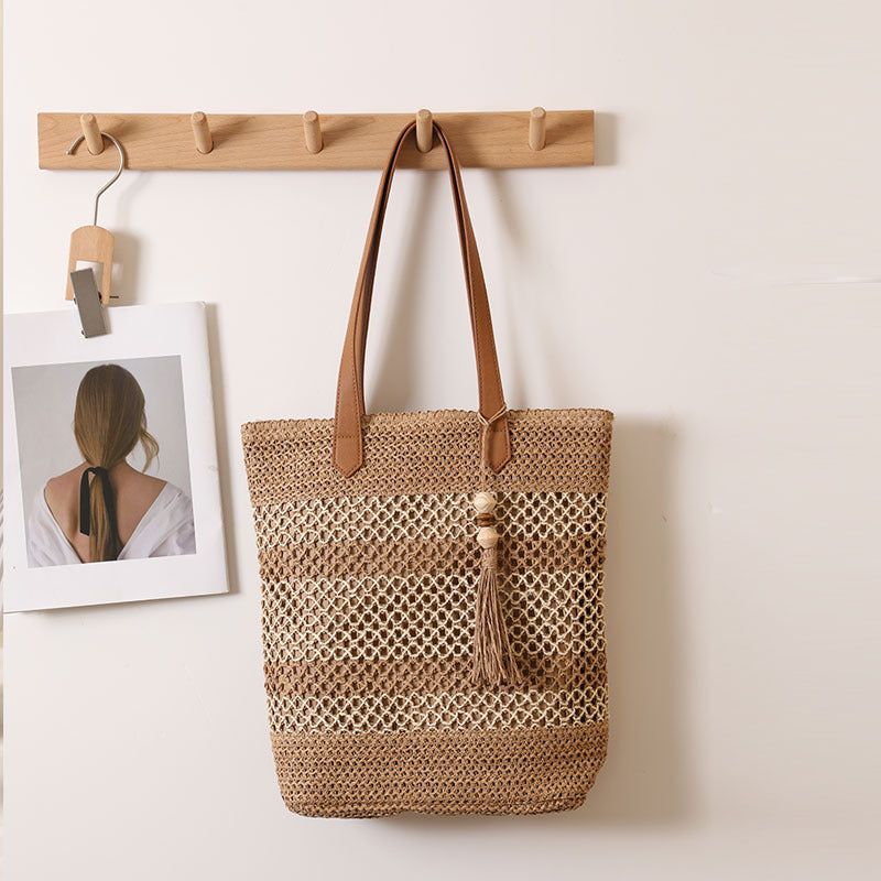 Tassel Shoulder Straw Bag Striped Hollow Out Cutout Straw Bag Woven Bag Vacation Beach Bag