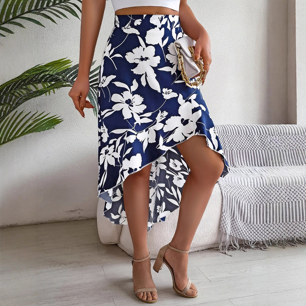 Women Clothing Spring Summer Elegant Floral Ruffled Mid Length Irregular Asymmetric Skirt