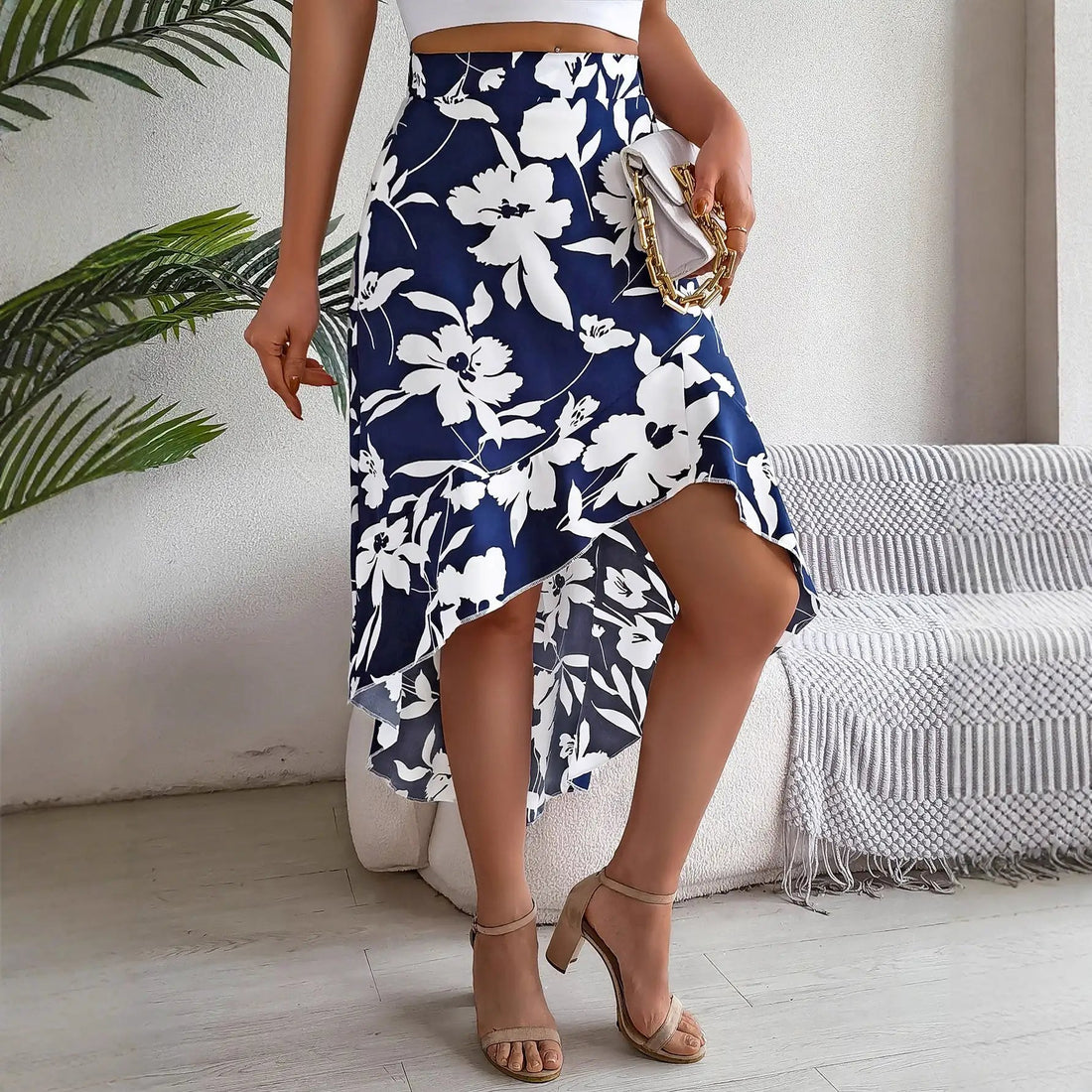 Women Clothing Spring Summer Elegant Floral Ruffled Mid Length Irregular Asymmetric Skirt by Wanita Store