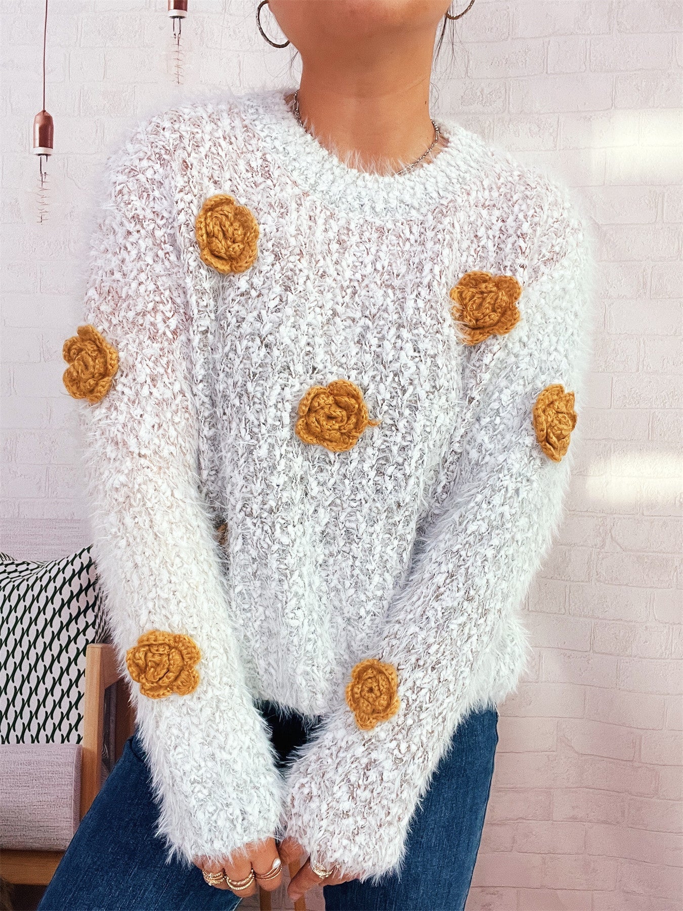 Herbst Winter Farbverlauf Dreidimensional Niedlicher Blumen Pink Rundhals Langarm Strickpullover