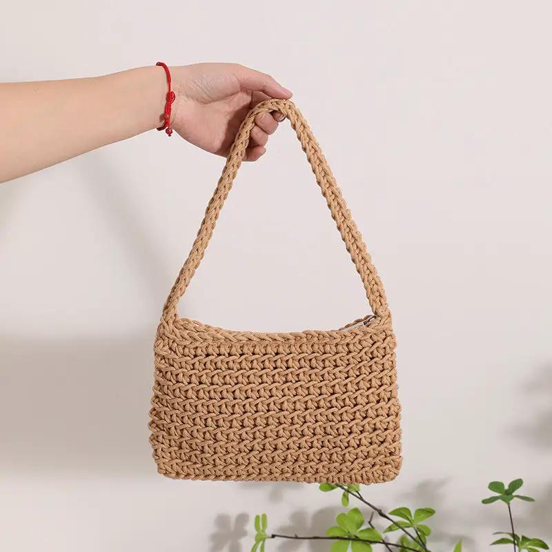 All Match Shoulder Cotton Thread Woven Bag Fresh Square Underarm Bag Straw Bag Solid Color Office Handbag Women by Wanita Store