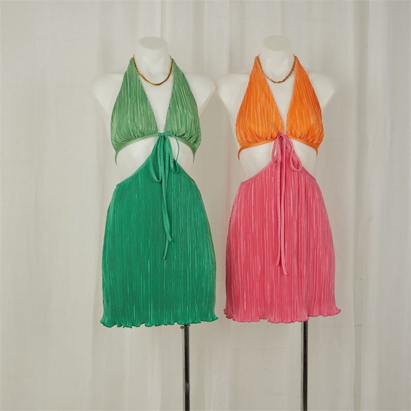 Sommer Sexy V-Ausschnitt Rückenfreies Plissiertes Kleid Damen Neckholder Schnürung Cutout Kurzes Kleid