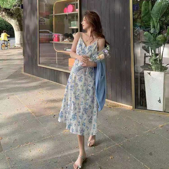 2025 Sommer Damen Blumenkleid Kurz Groß Französischer Stil V-Ausschnitt Träger Freizeitkleid
