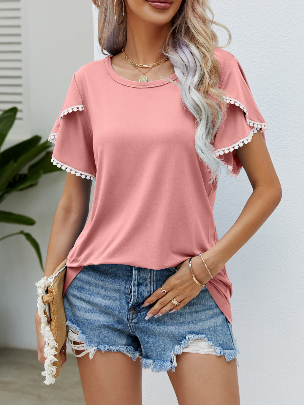 Damen Kleidung Sommer Rundhals Quaste Tulpenärmel T-Shirt Lässiges Oberteil Damen