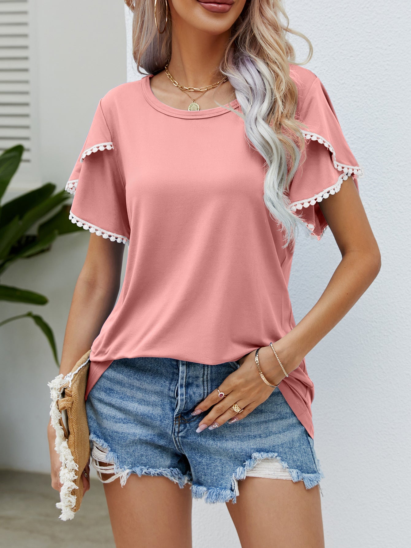 Damen Kleidung Sommer Rundhals Quaste Tulpenärmel T-Shirt Lässiges Oberteil Damen