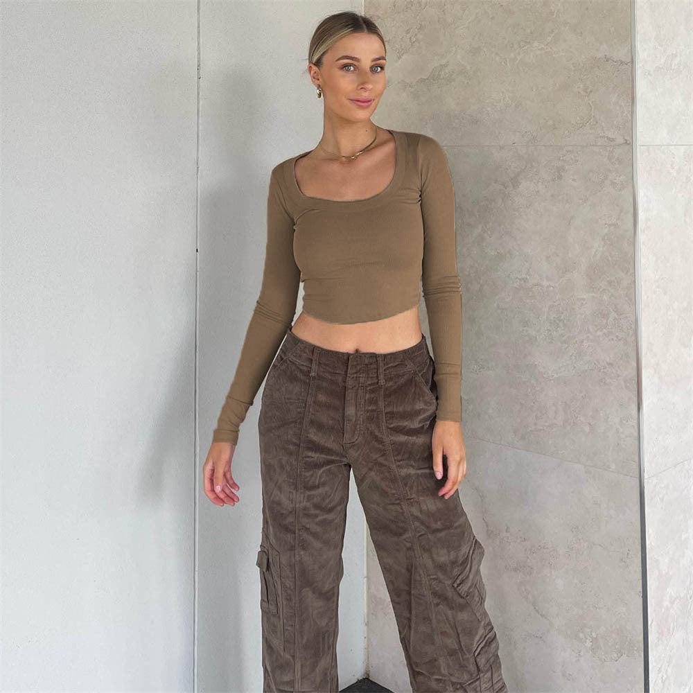 Großer runder Hals Lange Ärmel Rippen Kurz Top Frauen Lässig Sexy Herbst Winter Strick Bottoming Shirt Street Slim Top