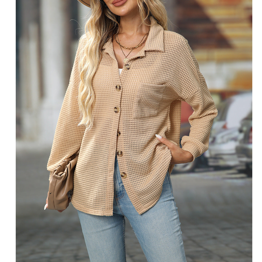 Damen Herbst Winter Lockeres Waffel-Freizeitshirt Vielseitig Kombinierbar