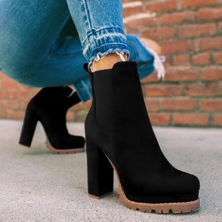 Runder Kopf Leopardenmuster Chunky Heel Kurze Ritterstiefel Damen High Heel Elastischer Bund Ärmel Wildlederstiefel
