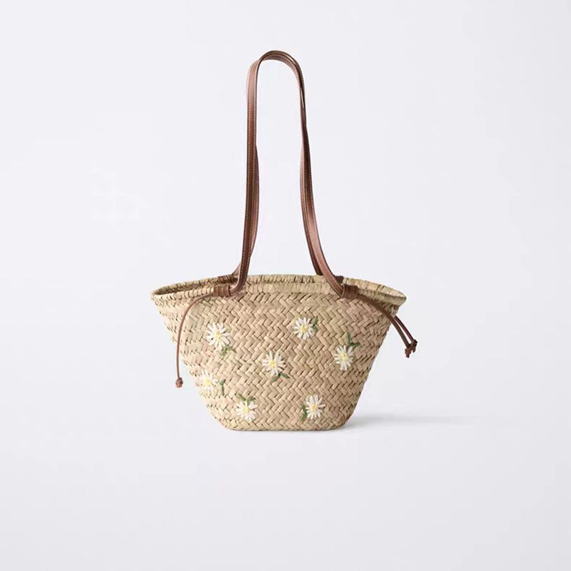 Frische Blumenstickerei Schulter Strohtasche Große Kapazität Mitsubishi Stroh Gewebte Tasche Strandurlaub Strandtasche
