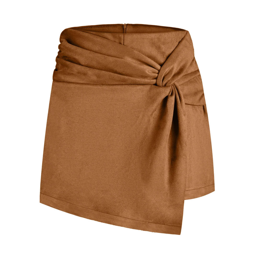 Damen Skort Wildleder Gekräuselt Hosenrock Heap Plissiert Unregelmäßiger Asymmetrischer Hosenrock Kurzer Rock