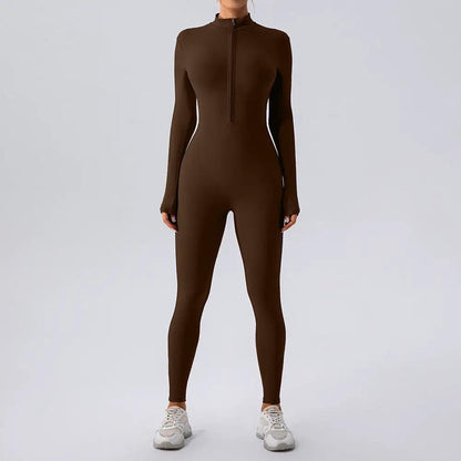 Zipper Nude Feel Long Sleeve Yoga Jumpsuit Women Sports Fitness Training Dance One Piece Bodysuit by Wanita Store