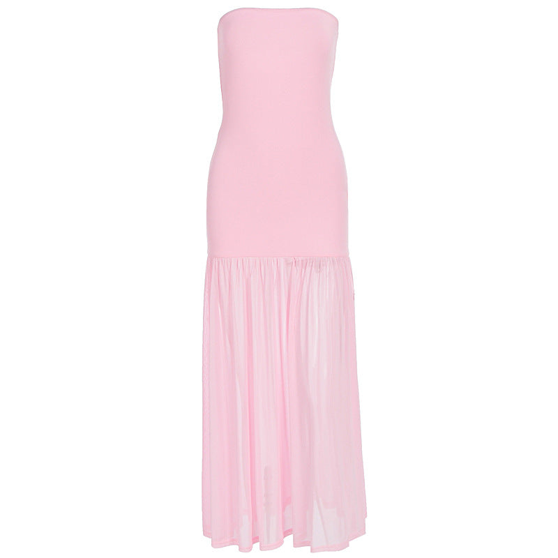 Summer Women Clothing Sexy Elegant Stitching Mesh Tube Top Slimming Dress