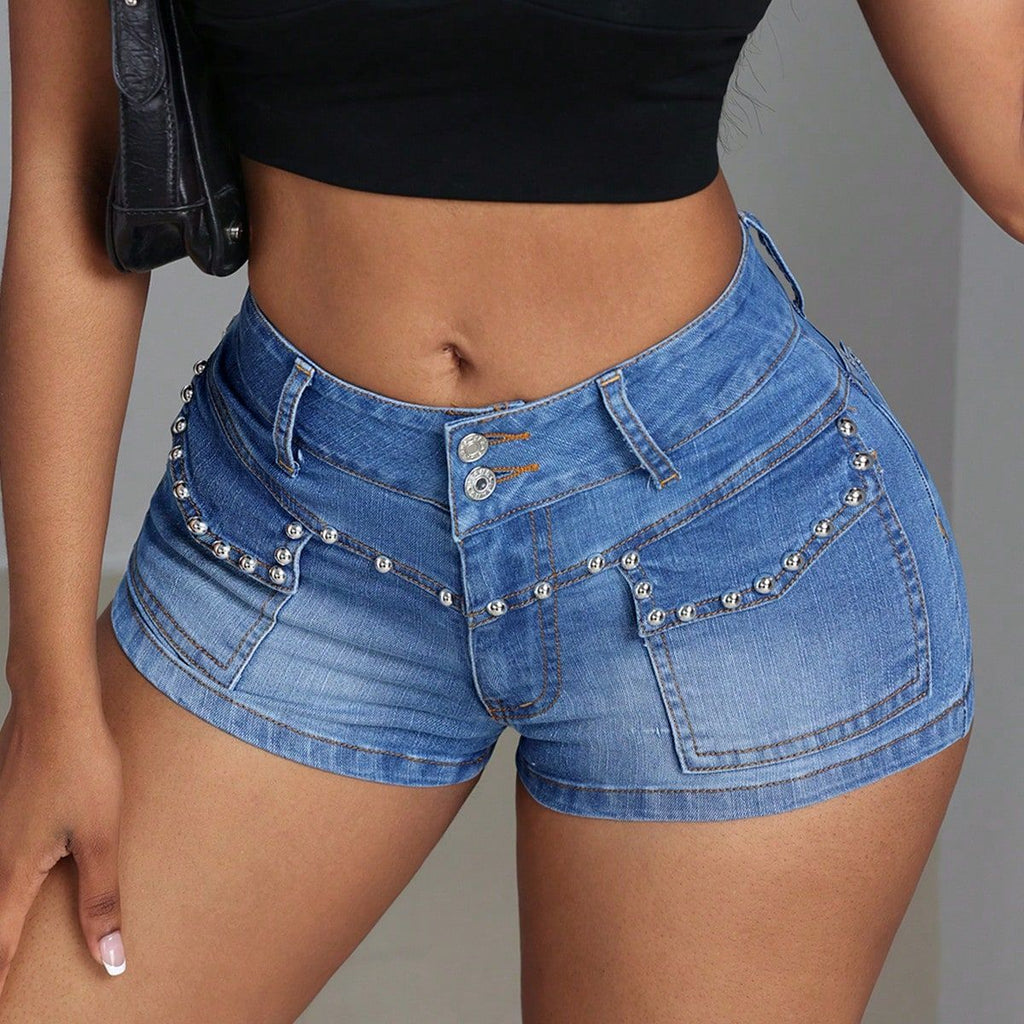 Mid Low Waist Women Clothing Casual Slimming Beaded Mid Stretch Denim Shorts