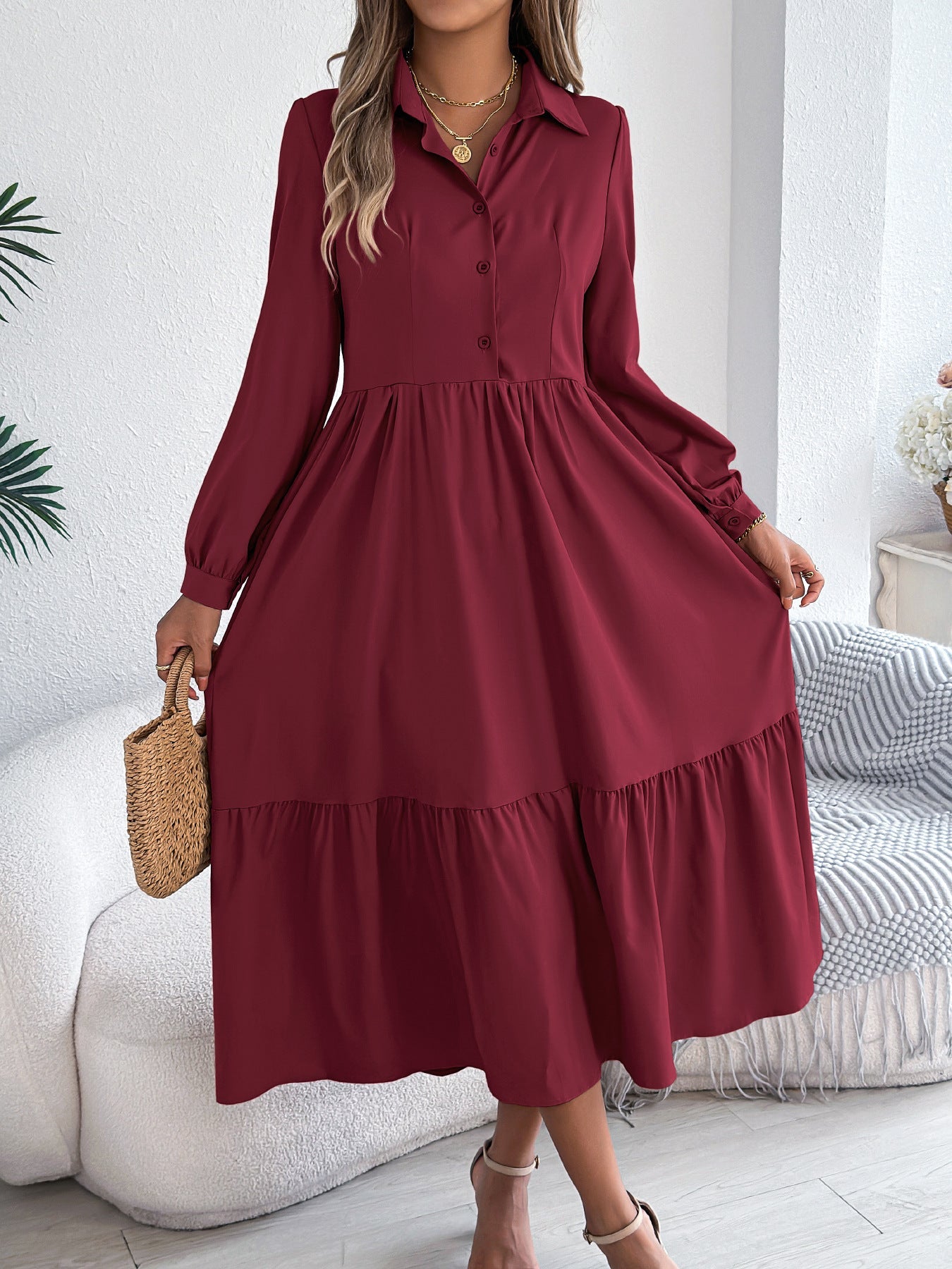 Herbst Winter Kragen Lässig Locker Langarm Rüschen Hemdblusenkleid Damenbekleidung
