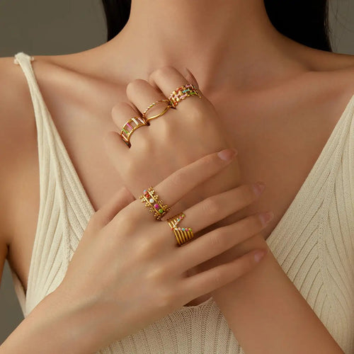 18K Gold Plated Stainless Steel Ring Women Geometric Abstract Colorful Oil Necklace Ring Ornament by Wanita Store
