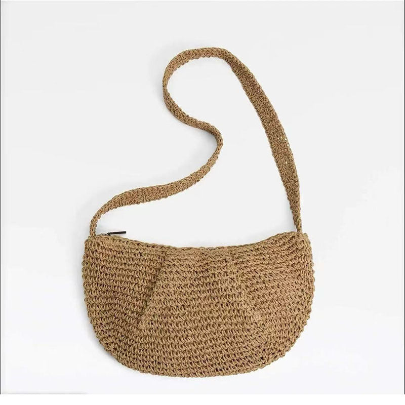 Lässige Umhängetasche aus Stroh, Nischen-Beuteltasche, geflochtene Tasche, Urlaubs-Strandtasche, All-Match-Brusttasche