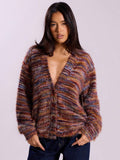 Retro Deep V Plunge neck Design Maillard Plush Long Sleeve Cardigan