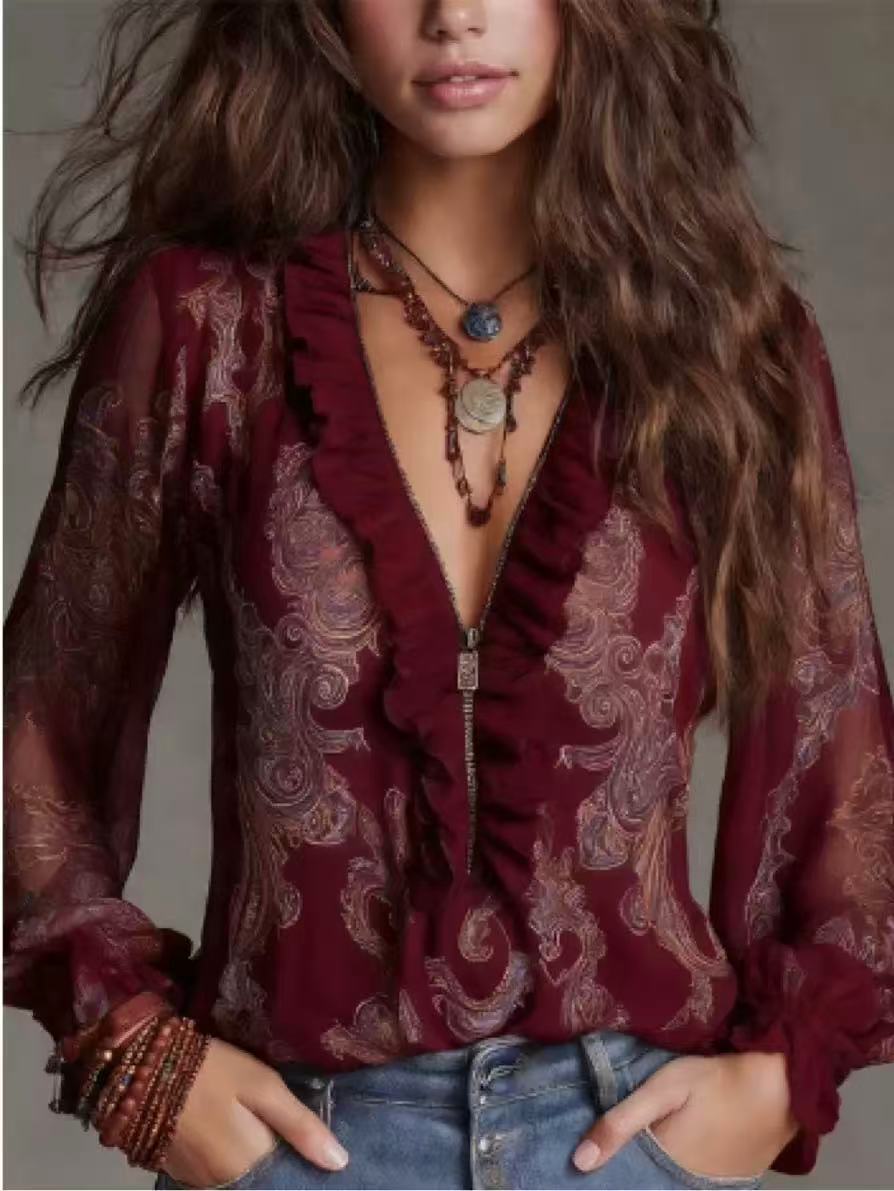 Romantic Boh Deep V Plunge neck Paisley Ruffled Chiffon Shirt