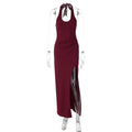 Summer Elegant Elegant Dress Lace up Halterneck U Collar Waist Trimming Split Dress