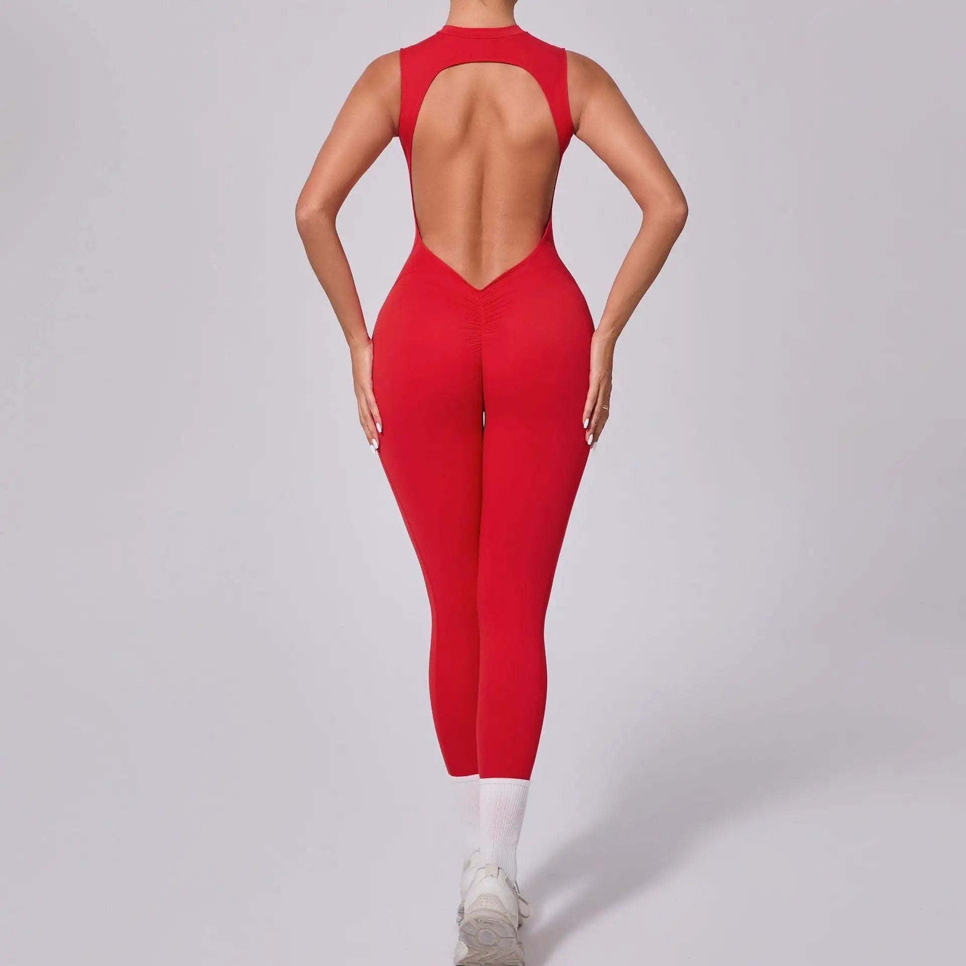 Backless Sleeveless Yoga Jumpsuit Peach Hip Fitness Detachable Chest Pad Sports Jumpsuit by Wanita Store