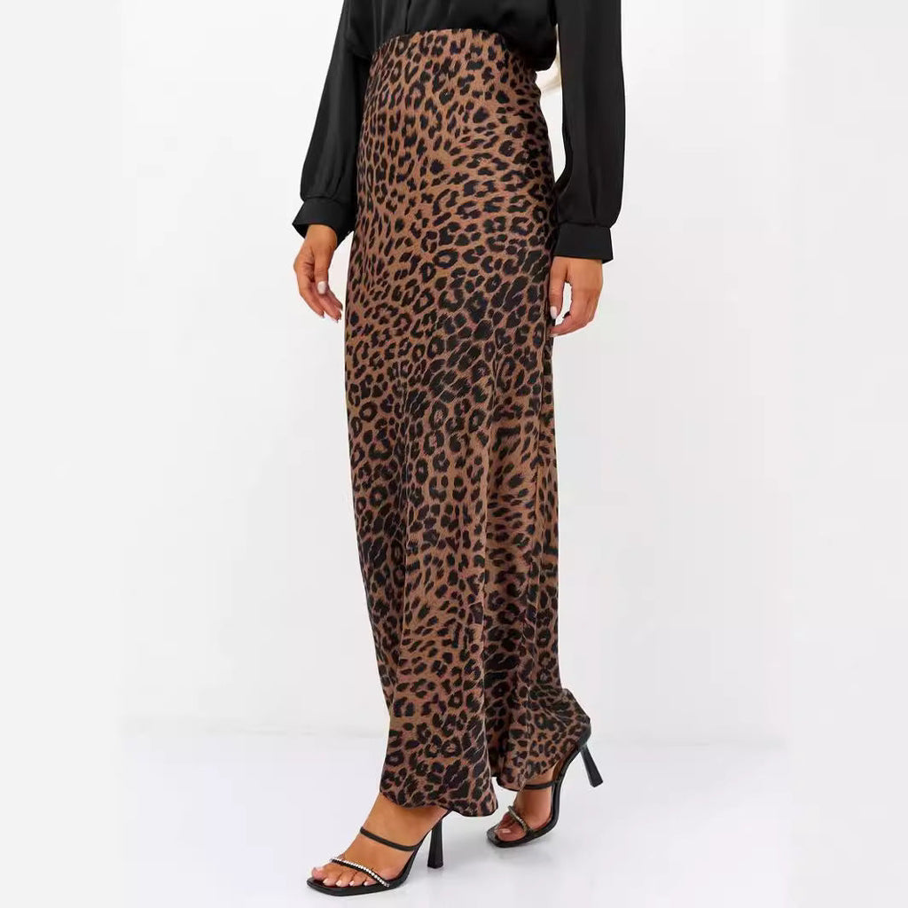 Satinrock Sexy Leopard Print Maxirock Hoher Bund Elastischer Seidiger Maxirock