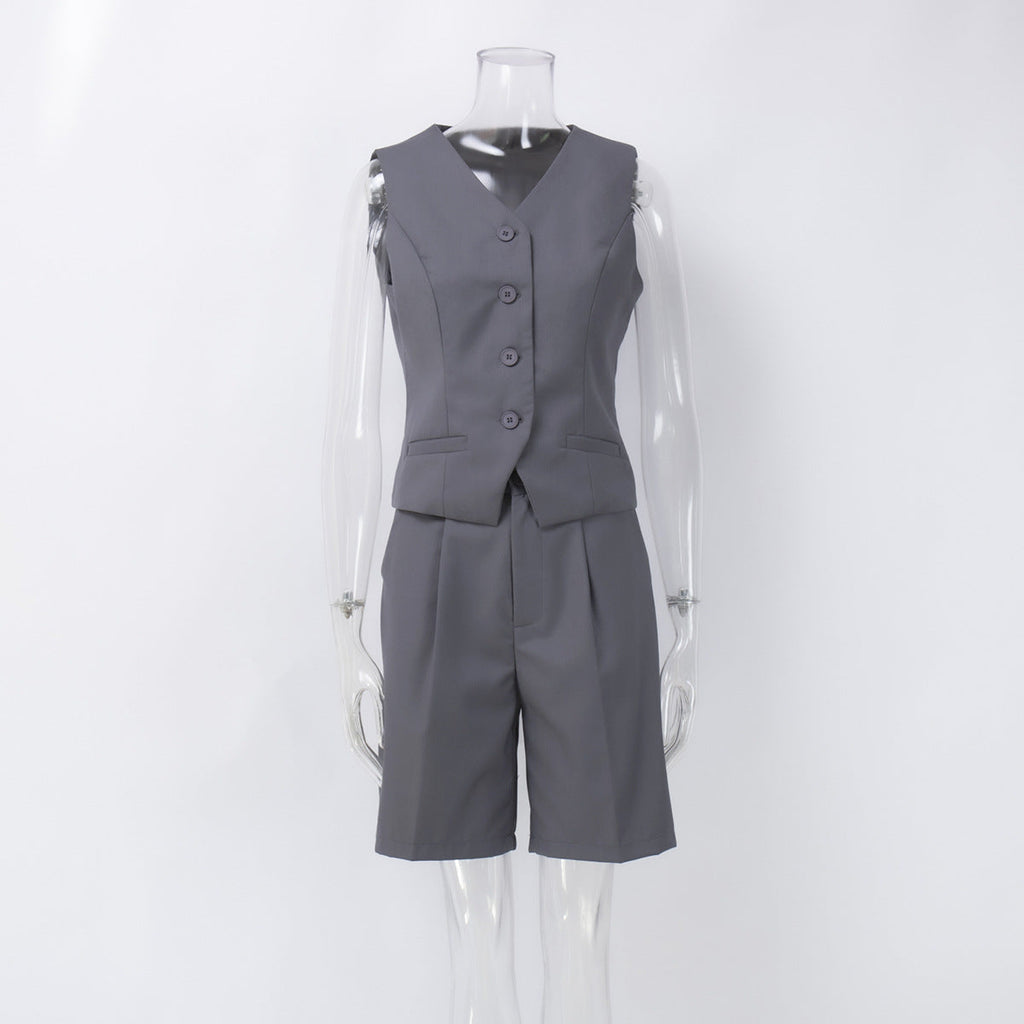 Westenjacke Frühling Sommer V-Ausschnitt Einreihige Weste Gerades Shorts-Set