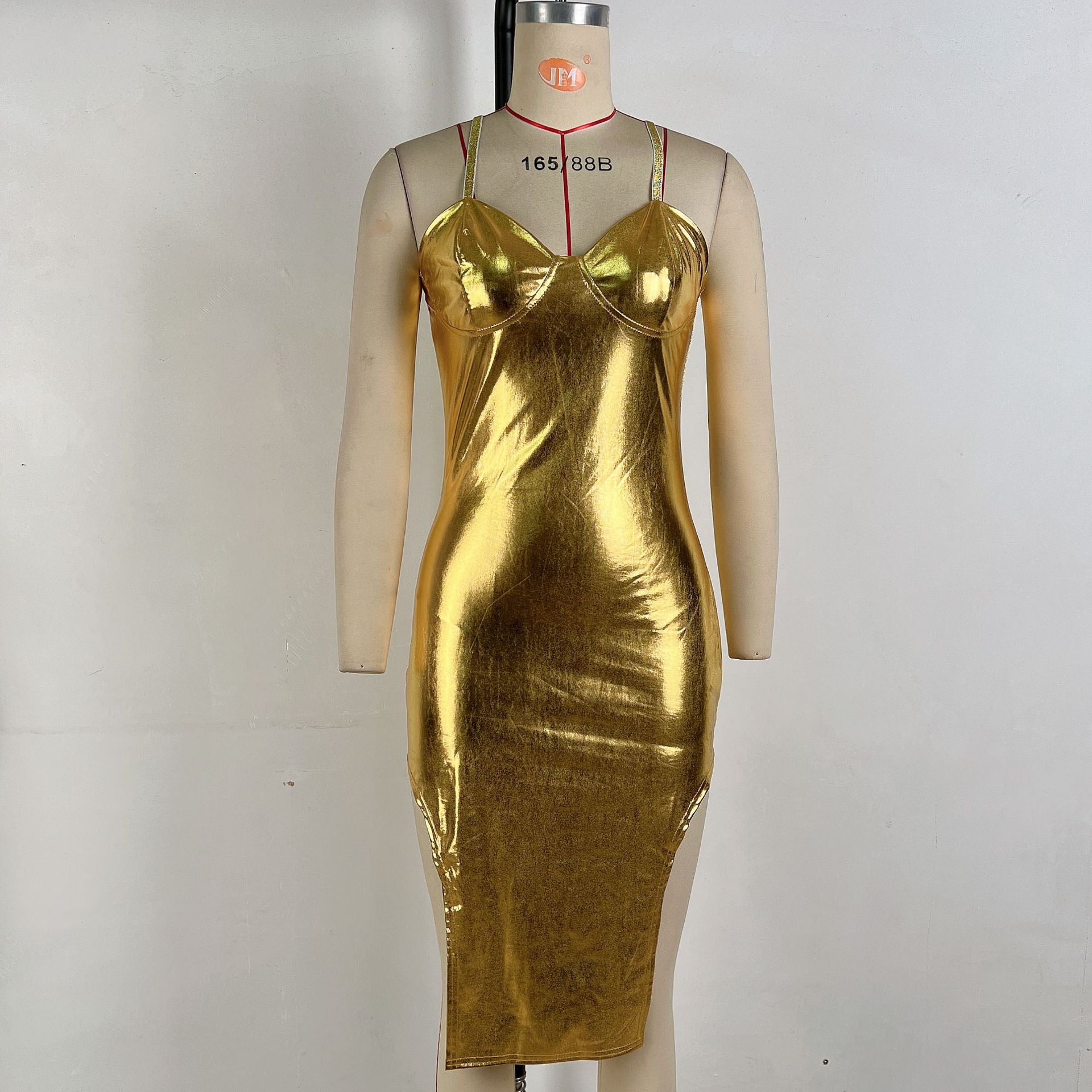 Damenkleidung Herbst Bronzing Farbe Tube Top Sexy Taille Eng Hüfttasche Unregelmäßiges Asymmetrisches Spaghettiträgerkleid Damen