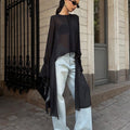 Chiffon Shirt Women Black Mesh Irregular Asymmetric Niche Design round Neck Ruffle Sleeve Long Sleeve Top