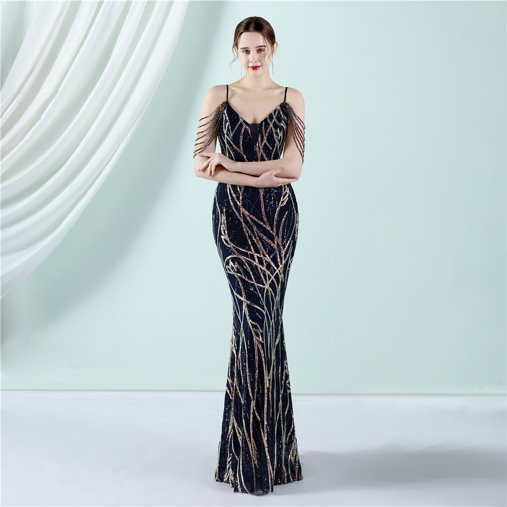 Träger Pailletten Toast Kleid Braut langes Dankesdinner schmal geschnittenes Meerjungfrauenkleid Hochzeitsauto Model Ausstellungs-Kleid