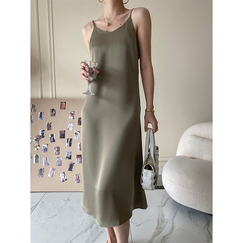Französisches Azetat-Drapierung Satin-Cami-Kleid Lang Damenkleid Frühling