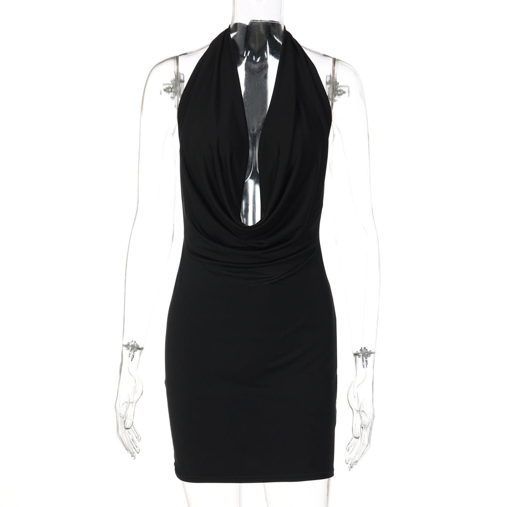 Women Solid Color Halter Deep V Plunge neck Backless Sexy Slim Hip Dress