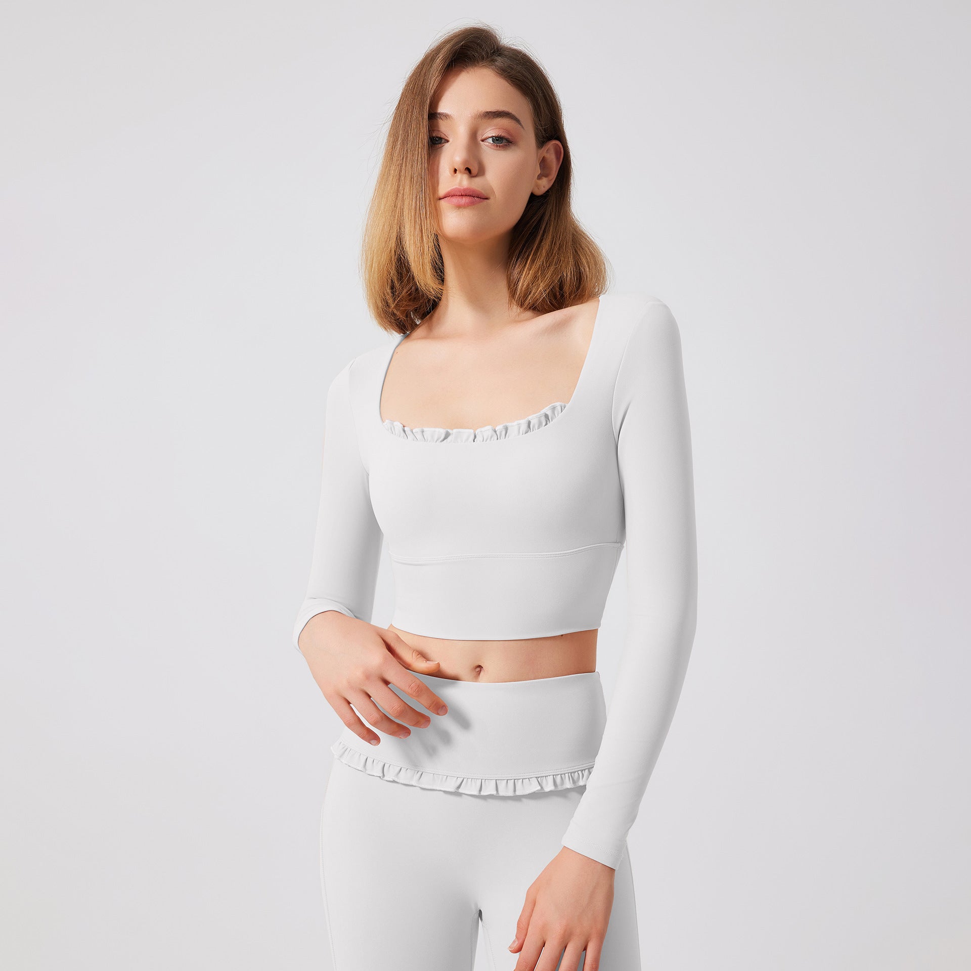 Herbst Winter Nude Feel Spitze Yoga Kleidung Langarm Semi Fixed Cup Laufen Schlank Sport BH Atmungsaktive Workout Kleidung Top