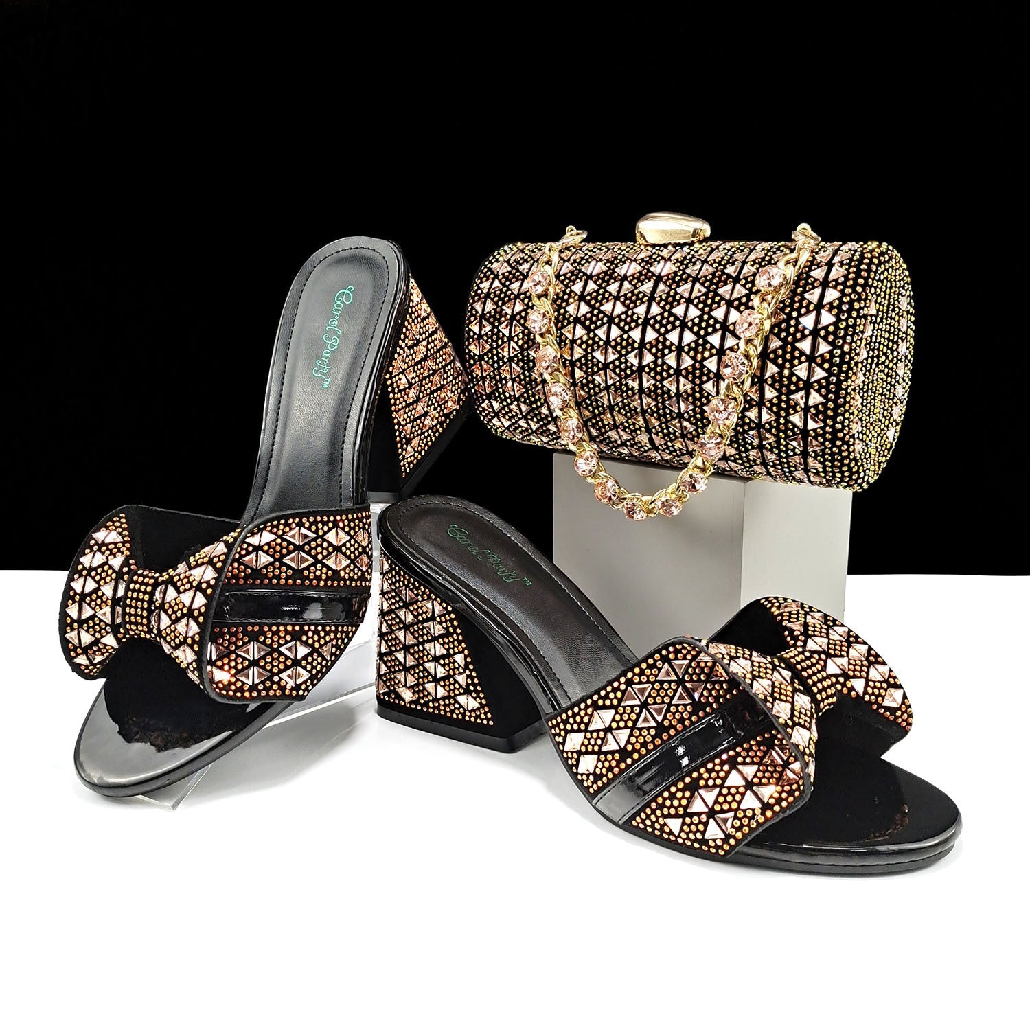 Damenschuhe Taschen Zweiteilige Sets Sommer Mund High Heel Pantoletten Farblich Passende Strass Verzierte Zylindertasche Casual