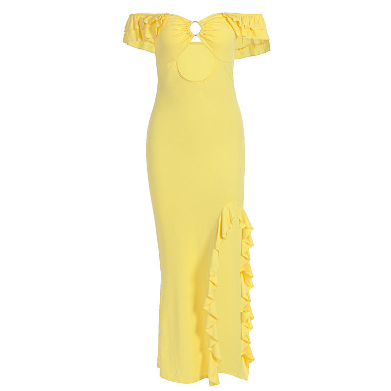 Summer Women Sexy off Shoulder Tube Top Hollow Out Cutout Slim Fit Slit Dress