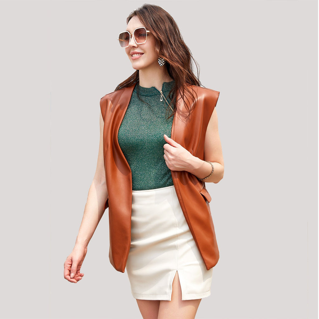Ärmellose Weste aus Kunstleder, lockere Damenweste in Übergröße, Strickjacke, kurzer Mantel für Damen